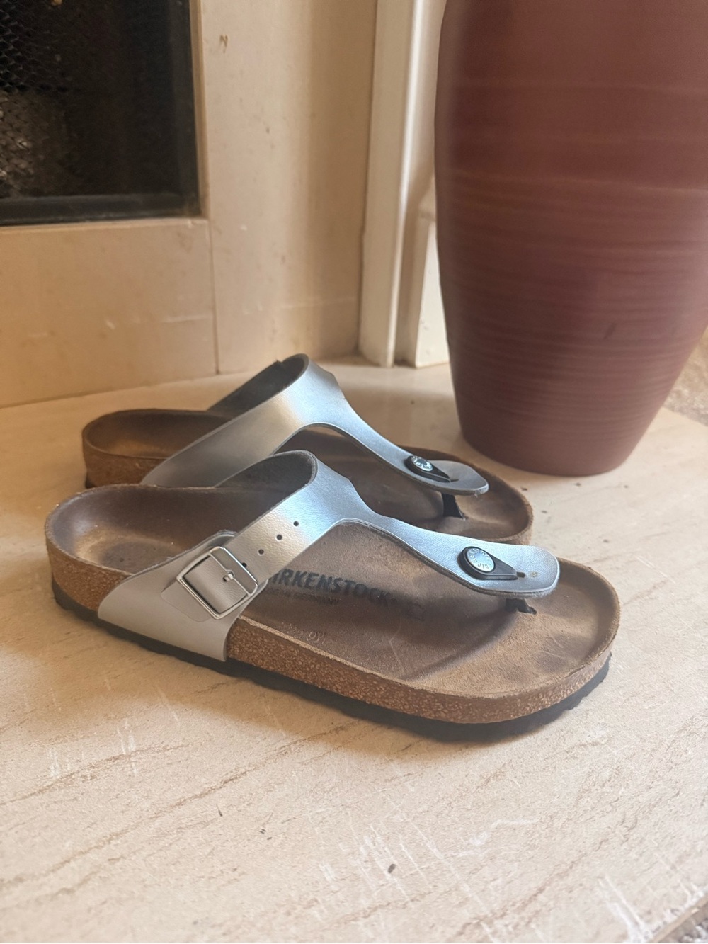 Birkenstock Silver Metallic Thong Sandals